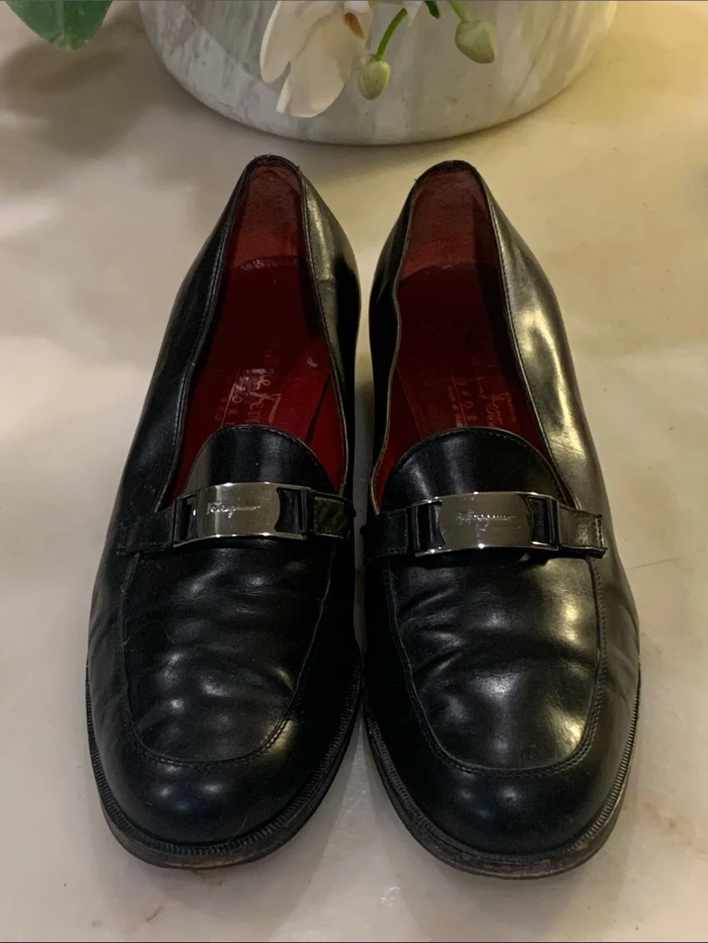 Salvatore Ferragamo Black Leather Loafers with Silver Buckle